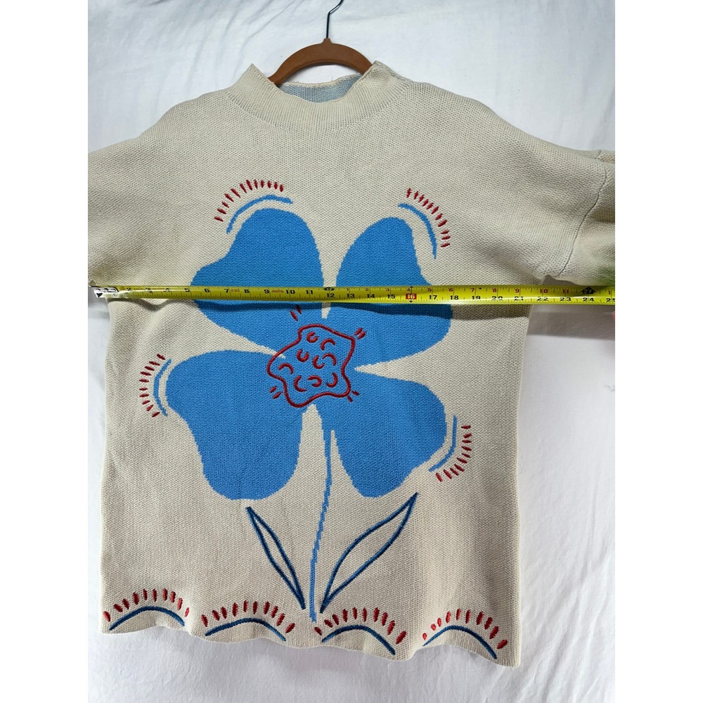 ASOS DESIGN Cream Blue Flower Intarsia Cotton Knit Sweater Small Oversized Mock - Picture 5 of 9